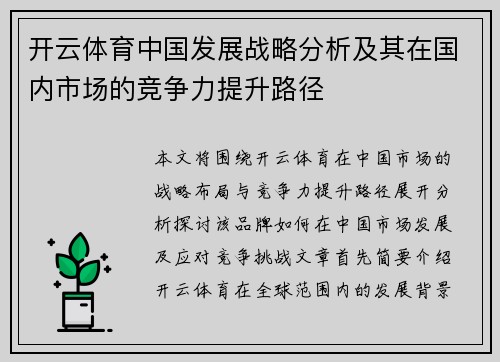 开云体育中国发展战略分析及其在国内市场的竞争力提升路径